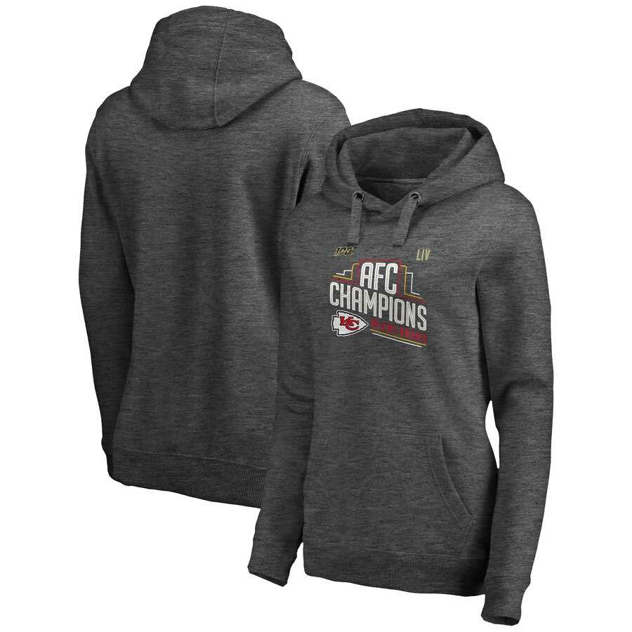 Kansas City Chiefs NFL Pro Line by Fanatics Branded Women 2019 AFC Champions Trophy Collection Locker Room Crossover VNeck Pullover Hoodie Heather Charcoal